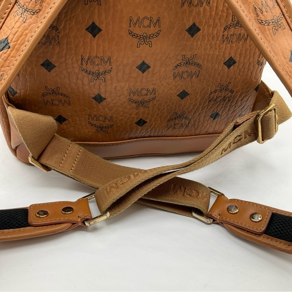 MCM Visetos Brown Cognac Monogram Gold Studded Leather Backpack - Picture 11 of 15